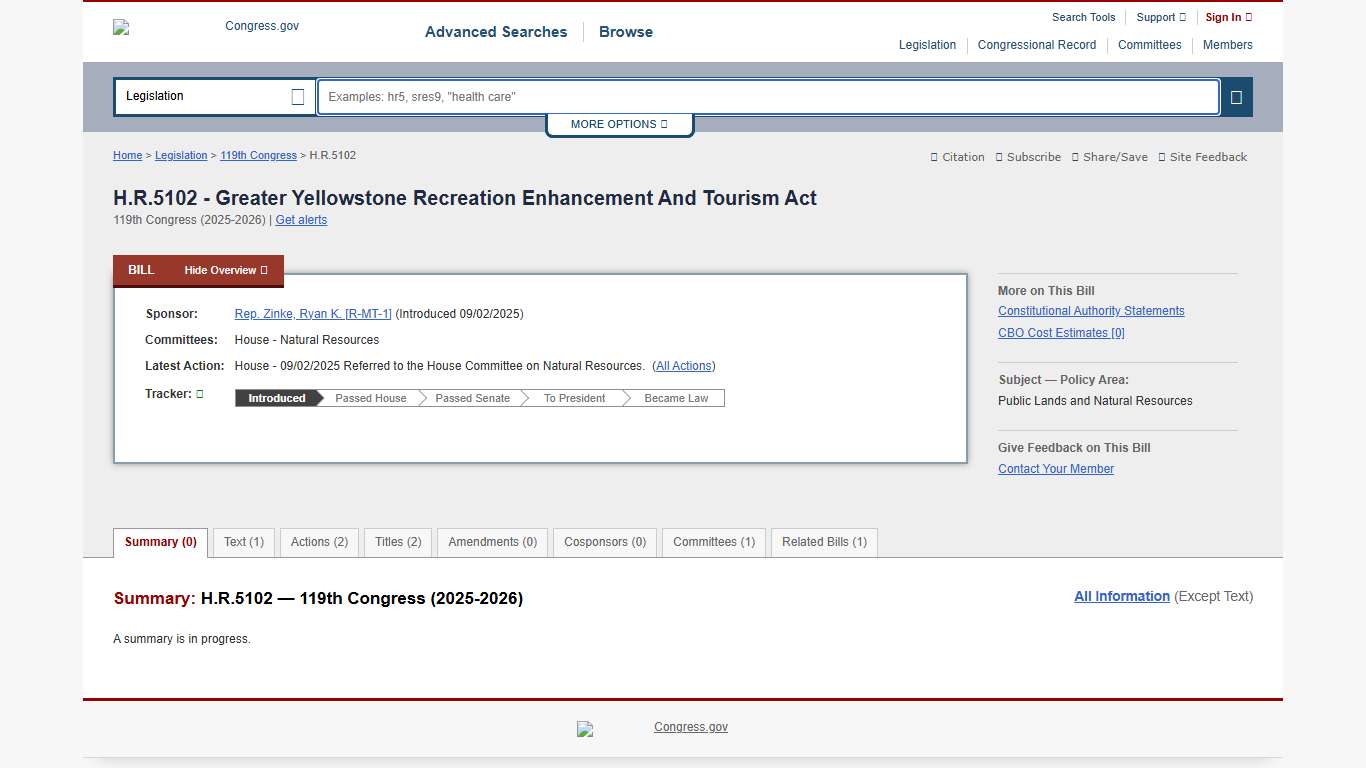 H.R.5102 - 119th Congress (2025-2026): Greater Yellowstone Recreation Enhancement And Tourism Act | Congress.gov | Library of Congress